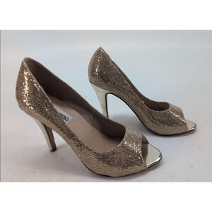 Jimmy Choo Peep Toe Glitter Heels Gold Metallic Stiletto Shoes Size 38 us 7.5